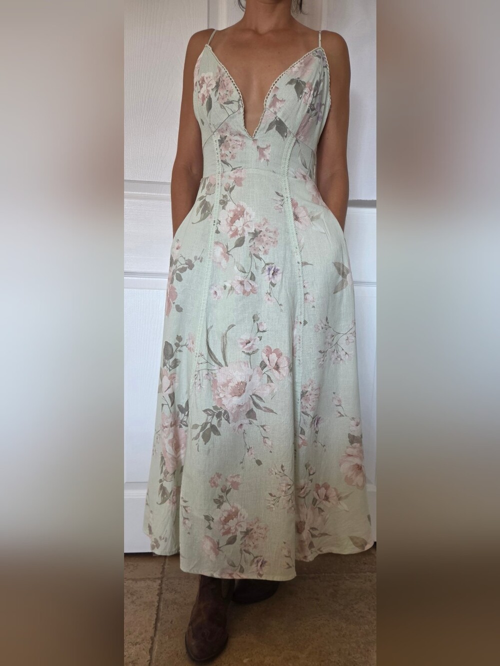 Joie Sage Floral Linen Blend Maxi Dress Pastel Farmhouse XS